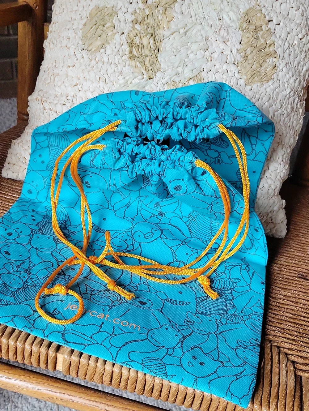 Jellycat Turquoise Drawstring Toy Bags with Orange Cords